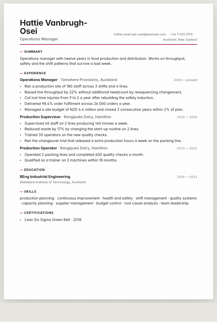 The operations manager example résumé drawn as a complete page in the Bridge design: name, summary, the roles with their bullet lines, education and a skills row