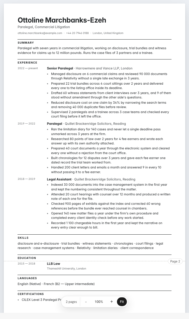 The paralegal example résumé drawn as a complete page in the Ledger design: name, summary, three dated roles with five achievement lines each, education, skills and languages