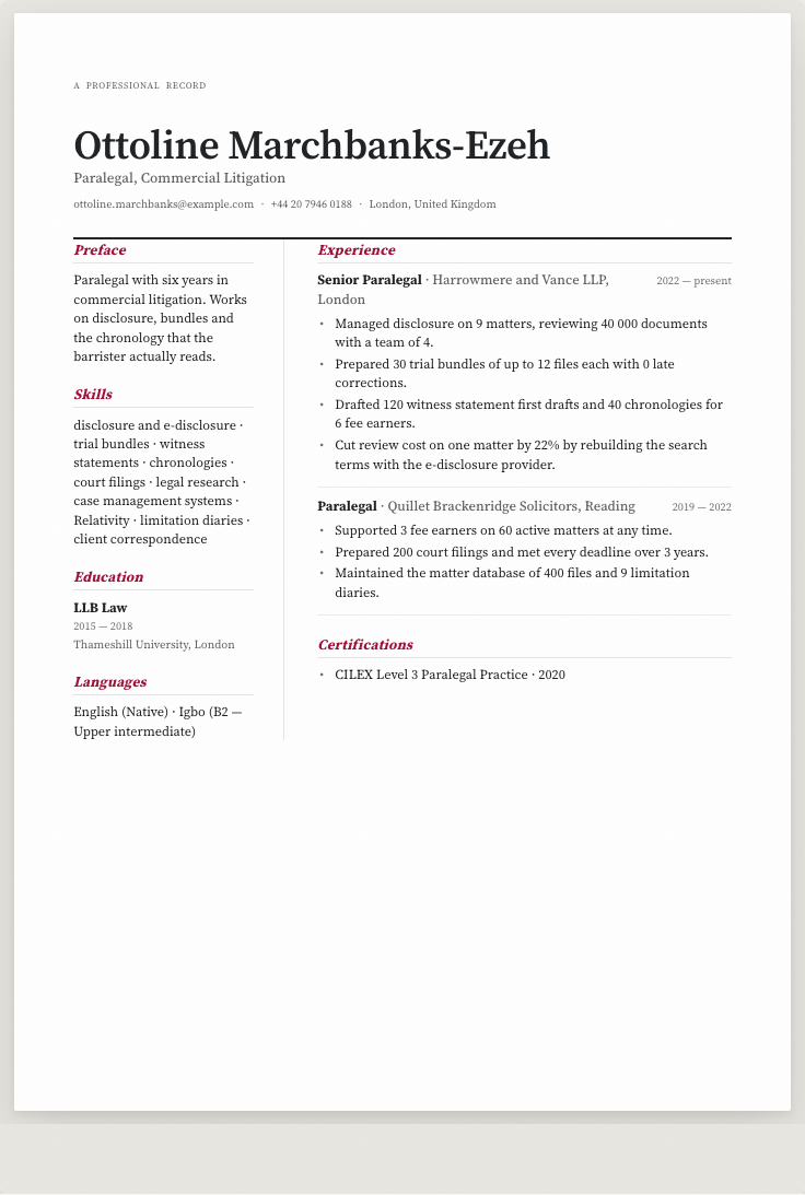 The paralegal example résumé drawn as a complete page in the Serifbook design: name, summary, the roles with their bullet lines, education and a skills row