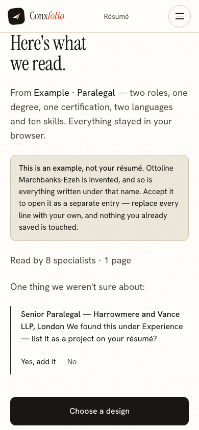 The same import review on a 390 pixel phone screen, with the example notice above the accept button