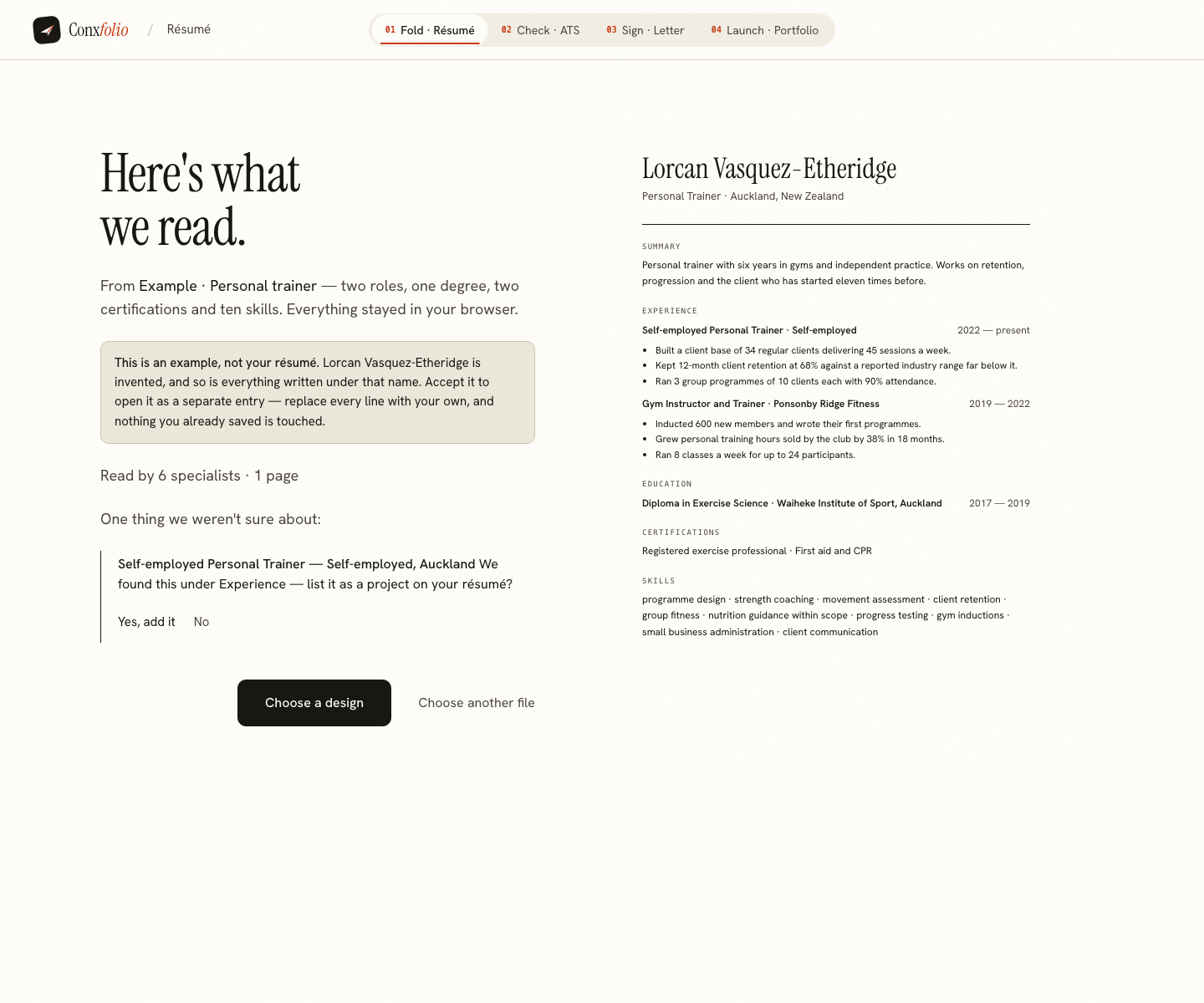 The Conxfolio import review after the door opened, showing Lorcan Vasquez-Etheridge's example read into fields beside the rendered page, with the line saying it is an example
