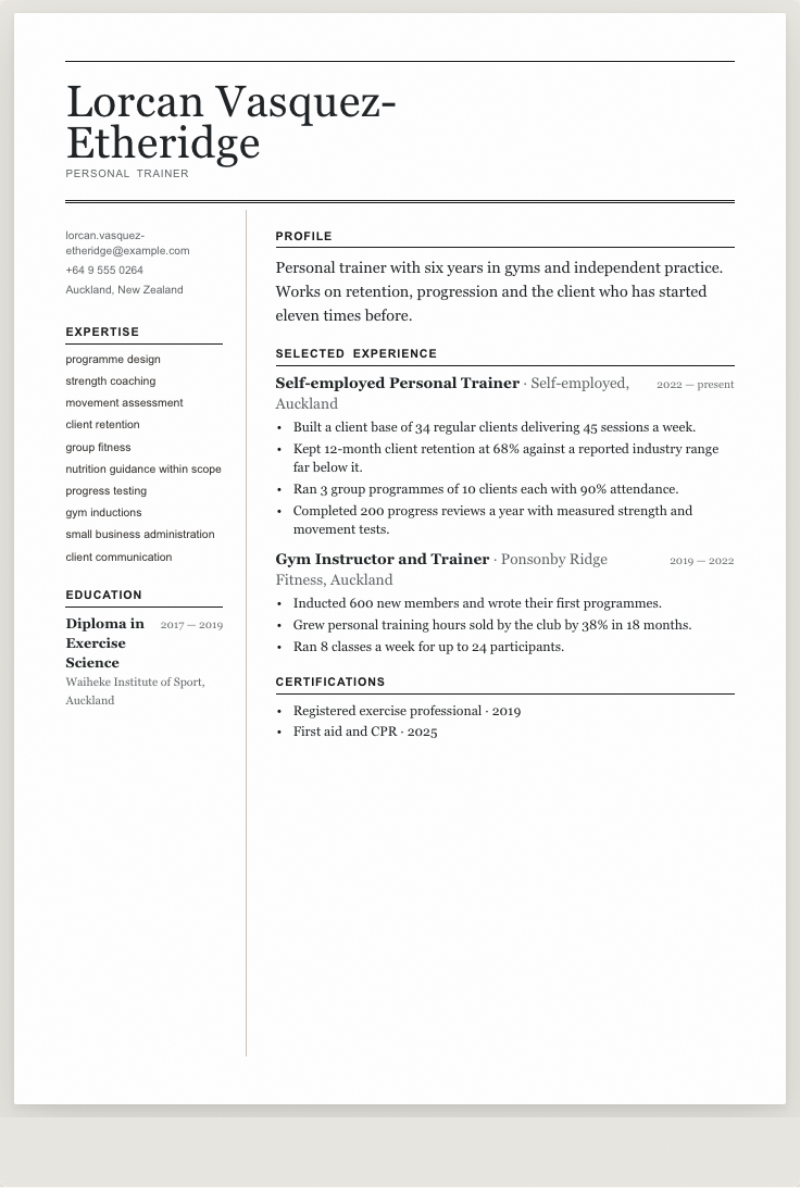 The personal trainer example résumé drawn as a complete page in the Editorial design: name, summary, the roles with their bullet lines, education and a skills row