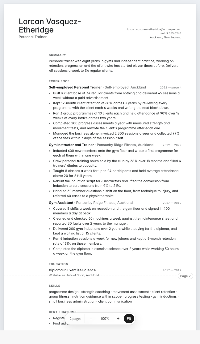The personal trainer example résumé drawn as a complete page in the Minimal design: name, summary, three dated roles with five lines under each, education, skills and certifications
