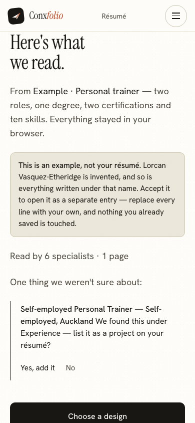 The same import review on a 390 pixel phone screen, with the example notice above the accept button