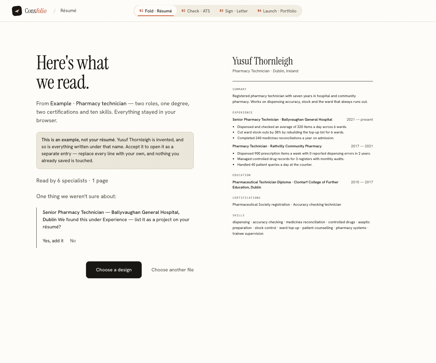 The Conxfolio import review after the door opened, showing Yusuf Thornleigh's example read into fields beside the rendered page, with the line saying it is an example