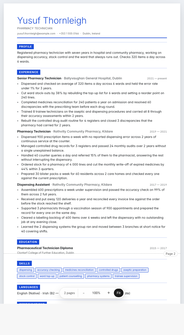 The pharmacy technician example résumé drawn as a complete page in the Placard design: name, summary, three dated roles with five achievement lines under each, education and a skills row