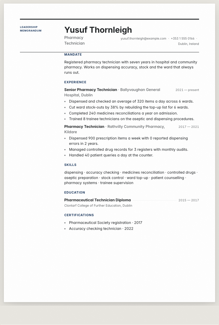 The pharmacy technician example résumé drawn as a complete page in the Leaders design: name, summary, the roles with their bullet lines, education and a skills row
