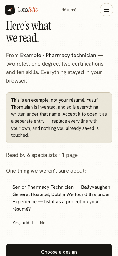 The same import review on a 390 pixel phone screen, with the example notice above the accept button