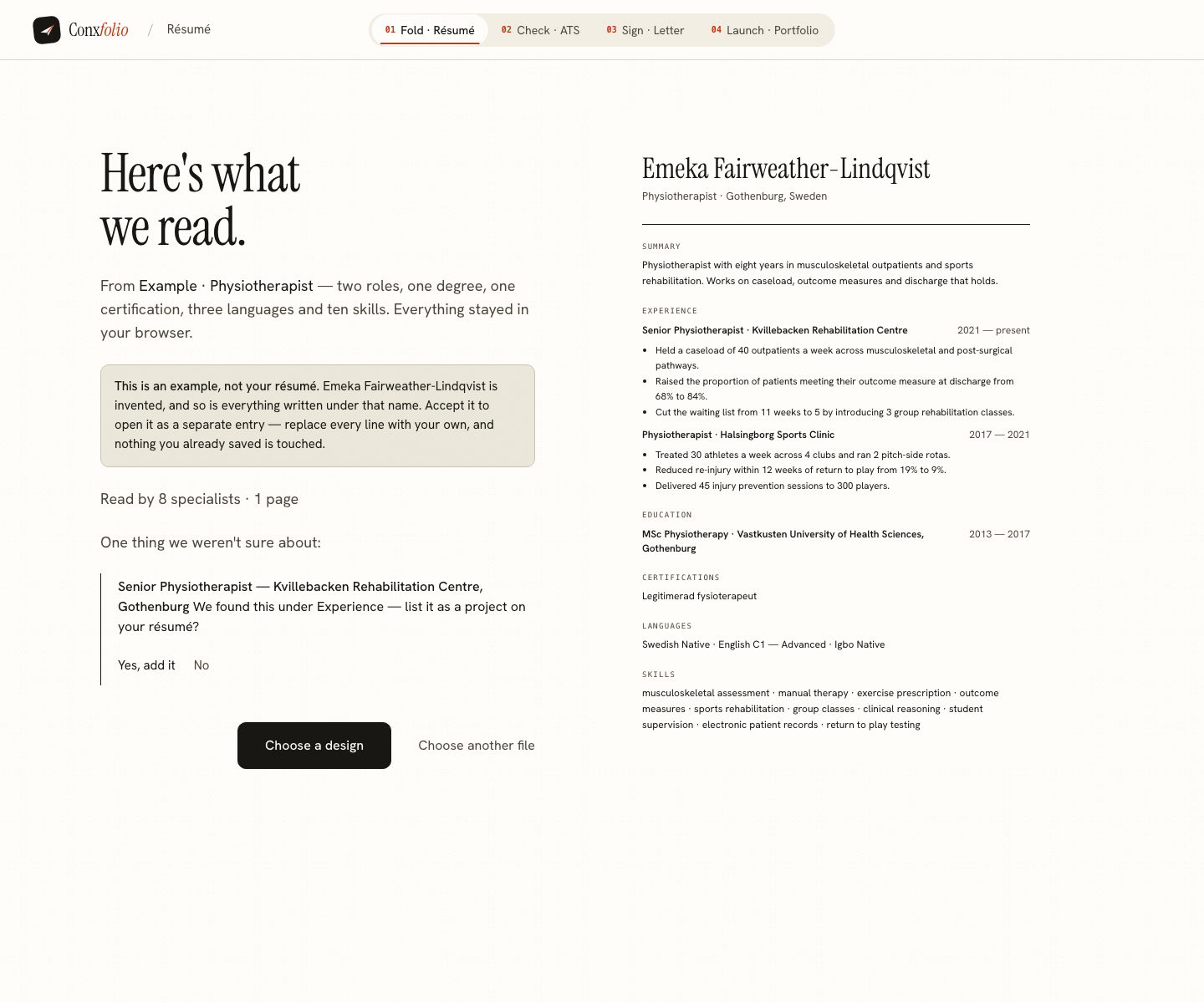 The Conxfolio import review after the door opened, showing Emeka Fairweather-Lindqvist's example read into fields beside the rendered page, with the line saying it is an example