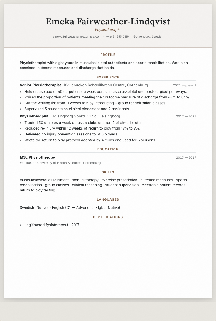 The physiotherapist example résumé drawn as a complete page in the Vellum design: name, summary, the roles with their bullet lines, education and a skills row