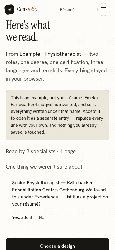 The same import review on a 390 pixel phone screen, with the example notice above the accept button