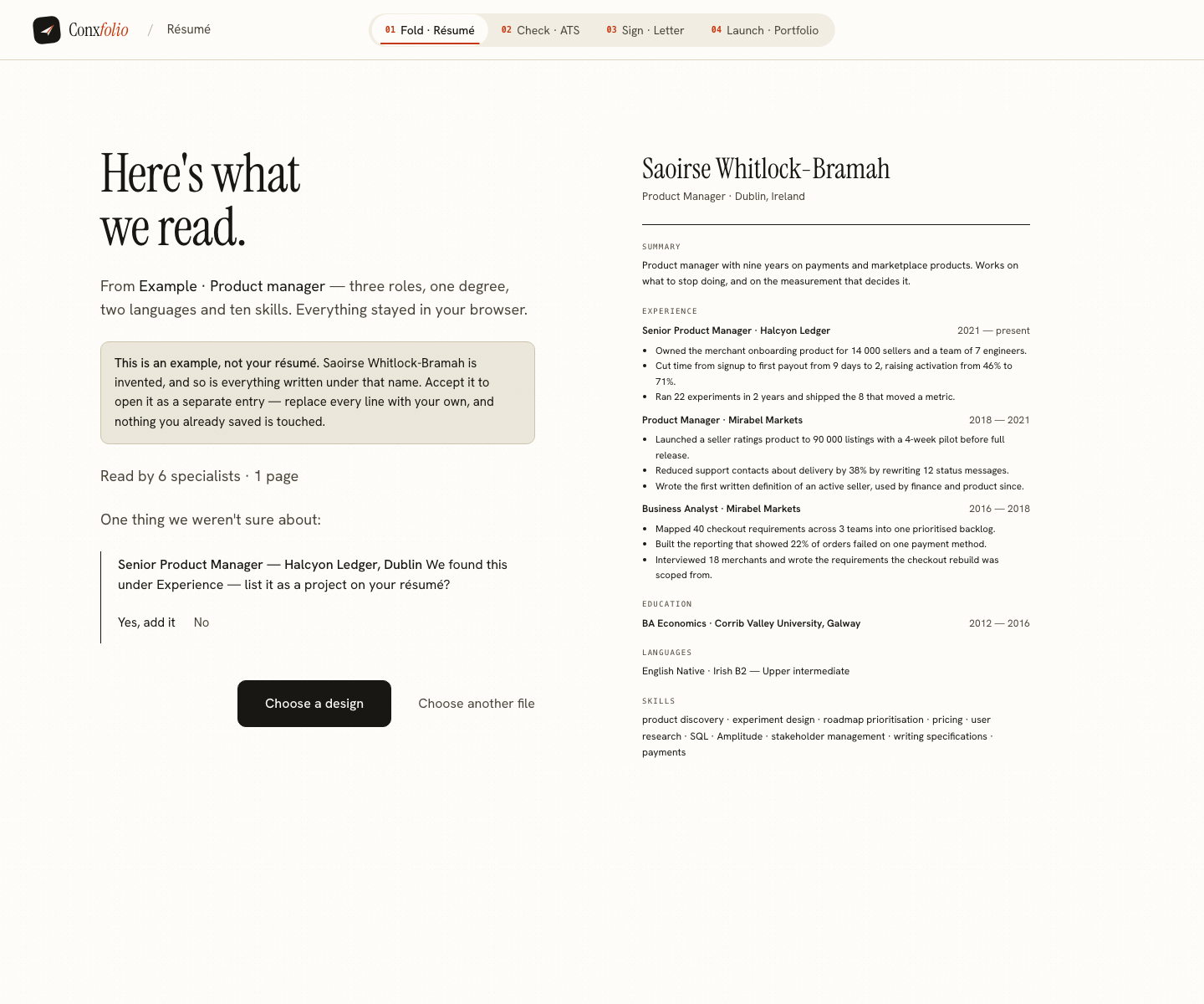 The Conxfolio import review after the door opened, showing Saoirse Whitlock-Bramah's example read into fields beside the rendered page, with the line saying it is an example