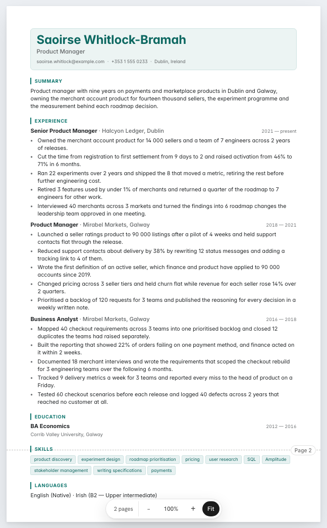 The product manager example résumé drawn as a complete page in the Nexus design: name, summary, three dated roles with five achievement lines under each, education and a skills row