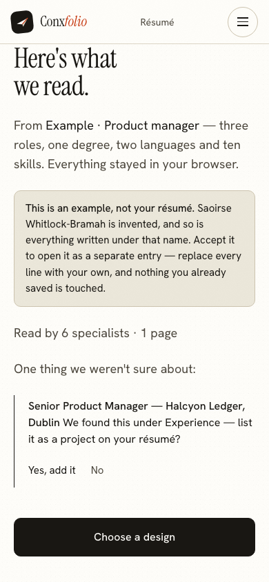 The same import review on a 390 pixel phone screen, with the example notice above the accept button