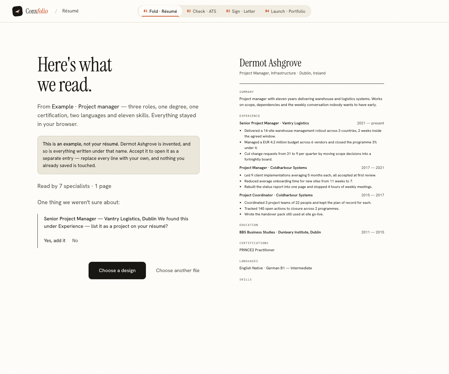 The Conxfolio import review after the door opened, showing Dermot Ashgrove's example read into fields beside the rendered page, with the line saying it is an example