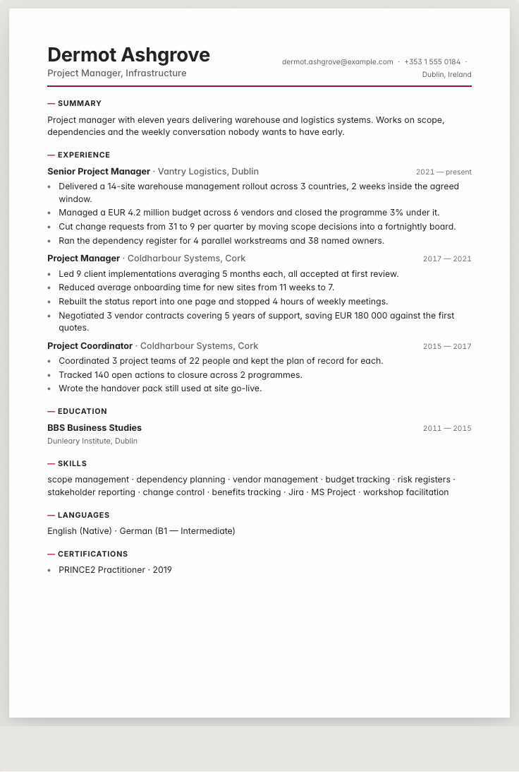 The project manager example résumé drawn as a complete page in the Bridge design: name, summary, the roles with their bullet lines, education and a skills row