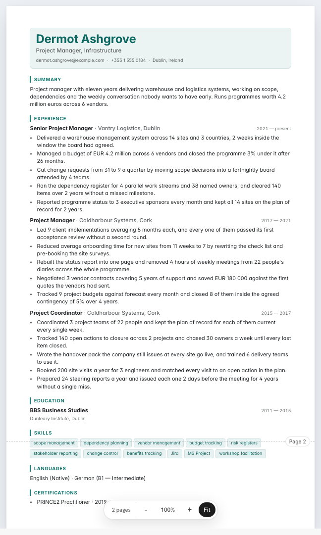 The project manager example résumé drawn as a complete page in the Nexus design: name, summary, three dated roles with five lines under each, education, eleven skills and a certification