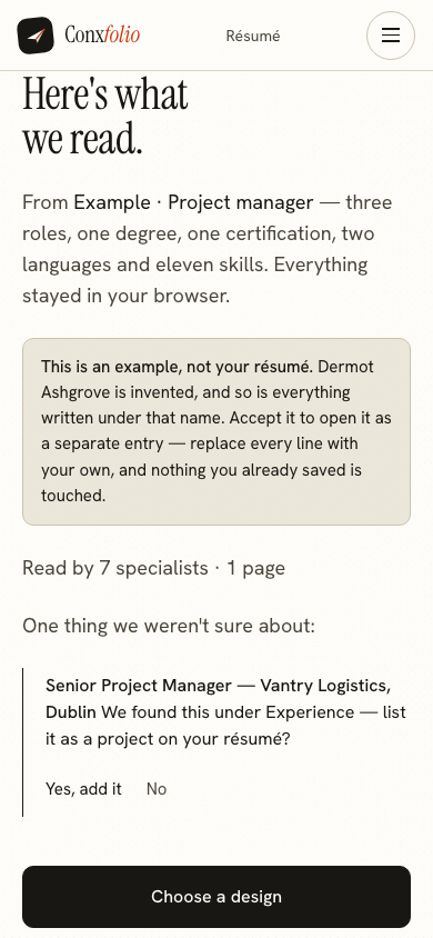 The same import review on a 390 pixel phone screen, with the example notice above the accept button