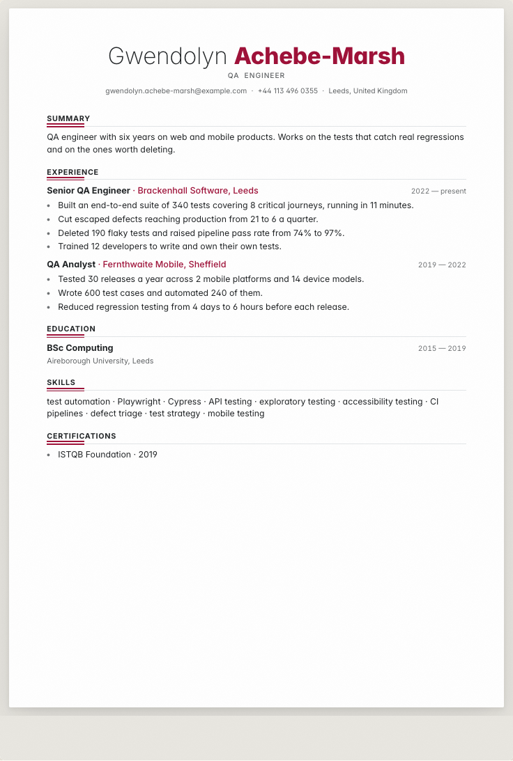 The qa engineer example résumé drawn as a complete page in the Rubric design: name, summary, the roles with their bullet lines, education and a skills row