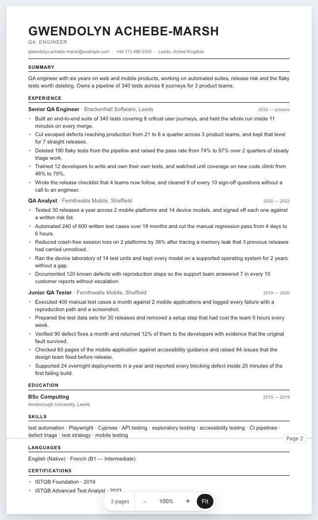 The QA engineer example résumé drawn as a complete page in the Classic design: name, summary, three dated roles with five achievement lines under each, education and a skills row