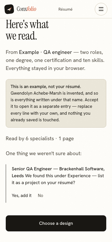 The same import review on a 390 pixel phone screen, with the example notice above the accept button