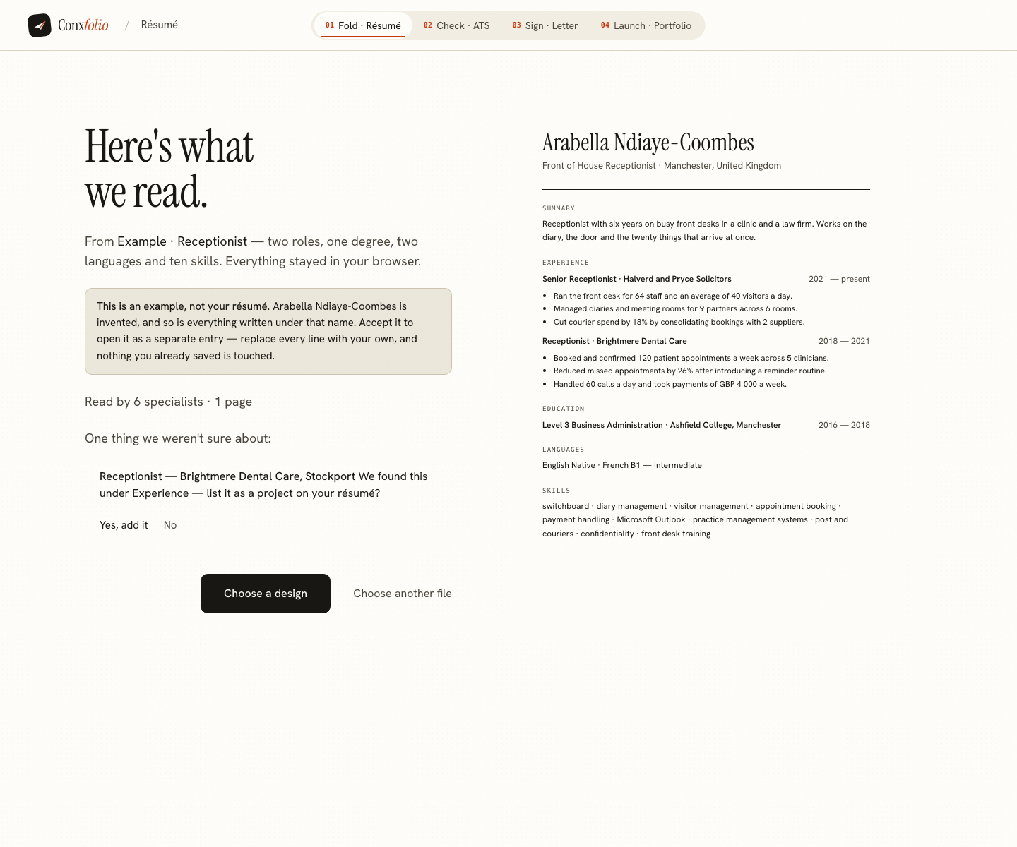 The Conxfolio import review after the door opened, showing Arabella Ndiaye-Coombes's example read into fields beside the rendered page, with the line saying it is an example