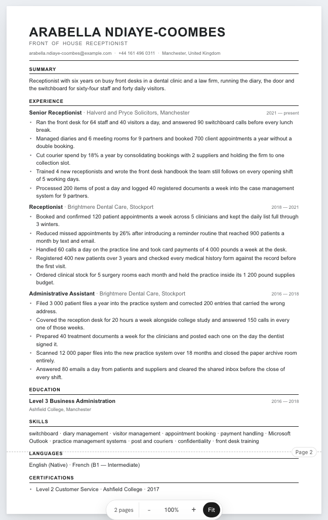 The receptionist example résumé drawn as a complete page in the Classic design: name, summary, three dated roles with five bullet lines each, education and a skills row