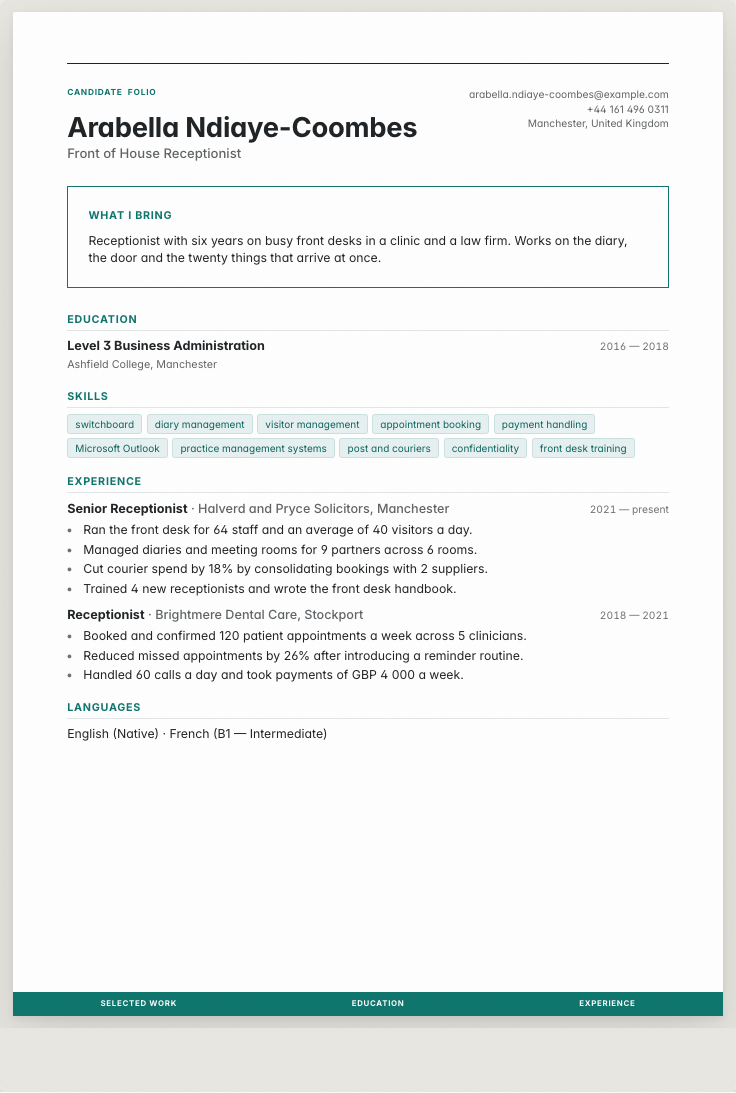 The receptionist example résumé drawn as a complete page in the Coverline design: name, summary, the roles with their bullet lines, education and a skills row