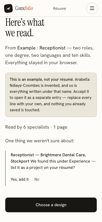 The same import review on a 390 pixel phone screen, with the example notice above the accept button
