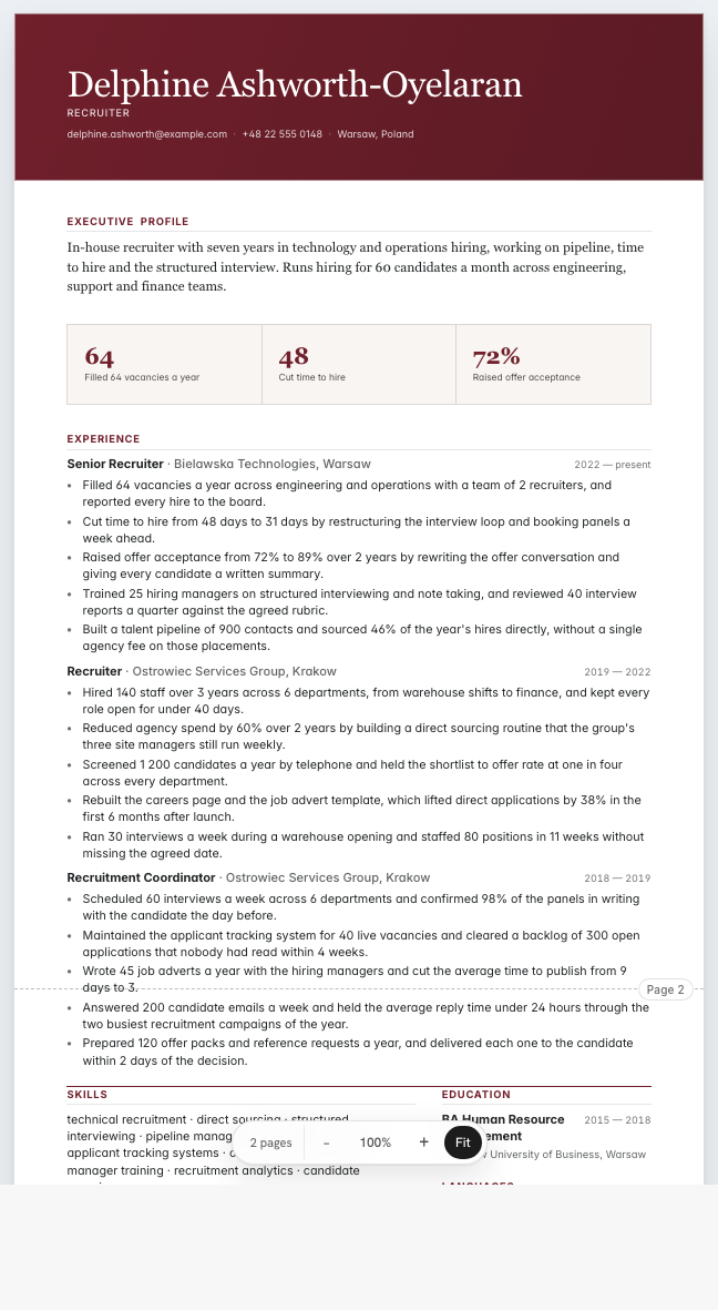 The recruiter example résumé drawn as a complete page in the Imprint design: name, summary, three dated roles with five lines under each, education, languages and a skills row