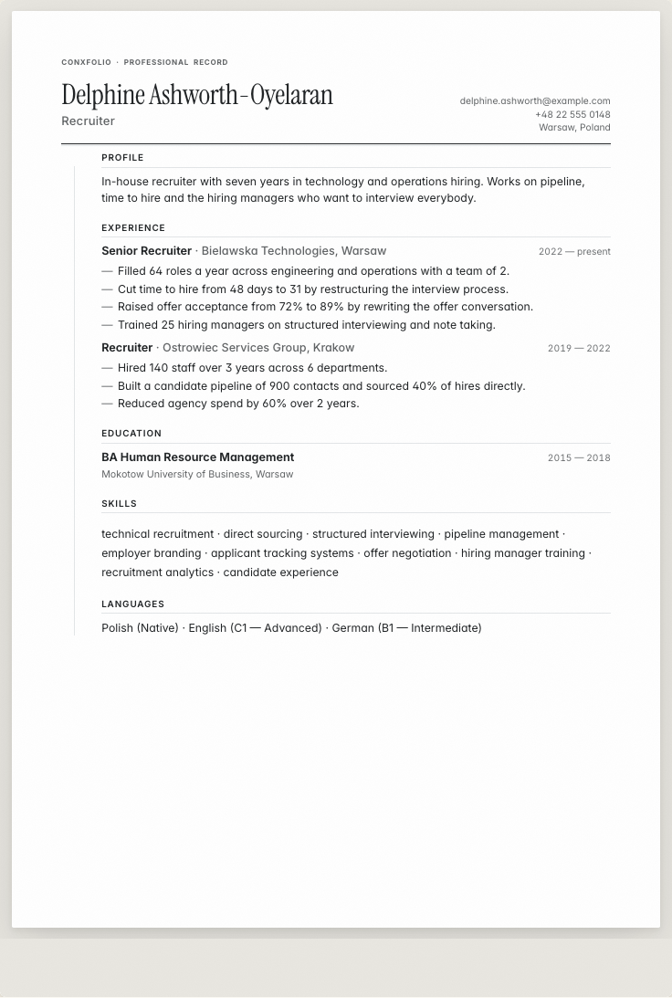 The recruiter example résumé drawn as a complete page in the Ink design: name, summary, the roles with their bullet lines, education and a skills row