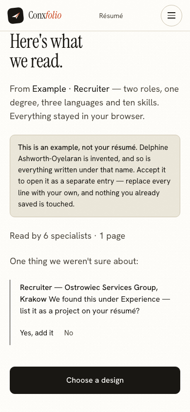 The same import review on a 390 pixel phone screen, with the example notice above the accept button
