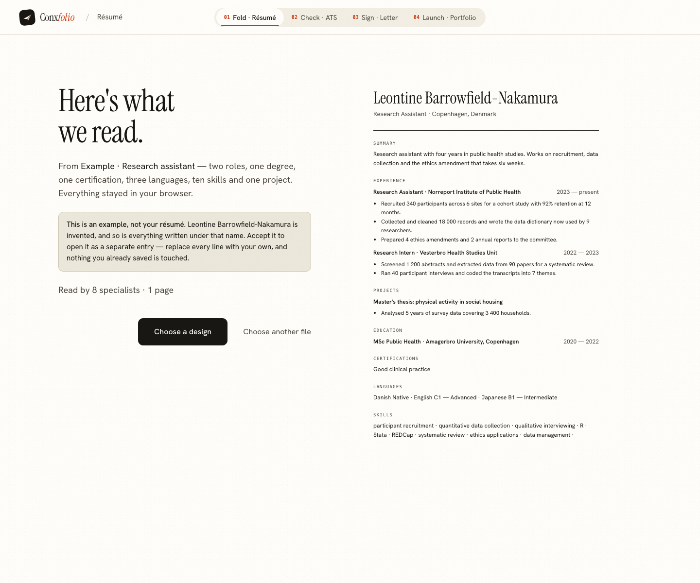 The Conxfolio import review after the door opened, showing Leontine Barrowfield-Nakamura's example read into fields beside the rendered page, with the line saying it is an example