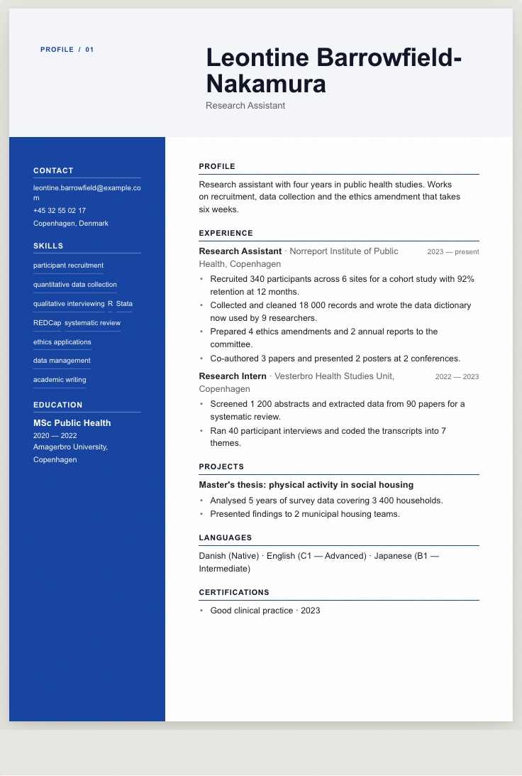 The research assistant example résumé drawn as a complete page in the Signal design: name, summary, the roles with their bullet lines, education and a skills row