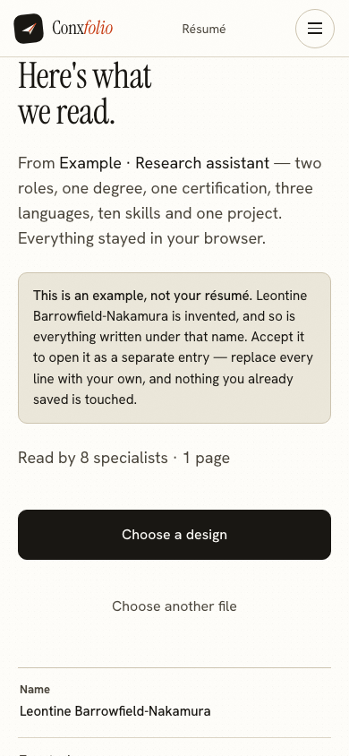 The same import review on a 390 pixel phone screen, with the example notice above the accept button
