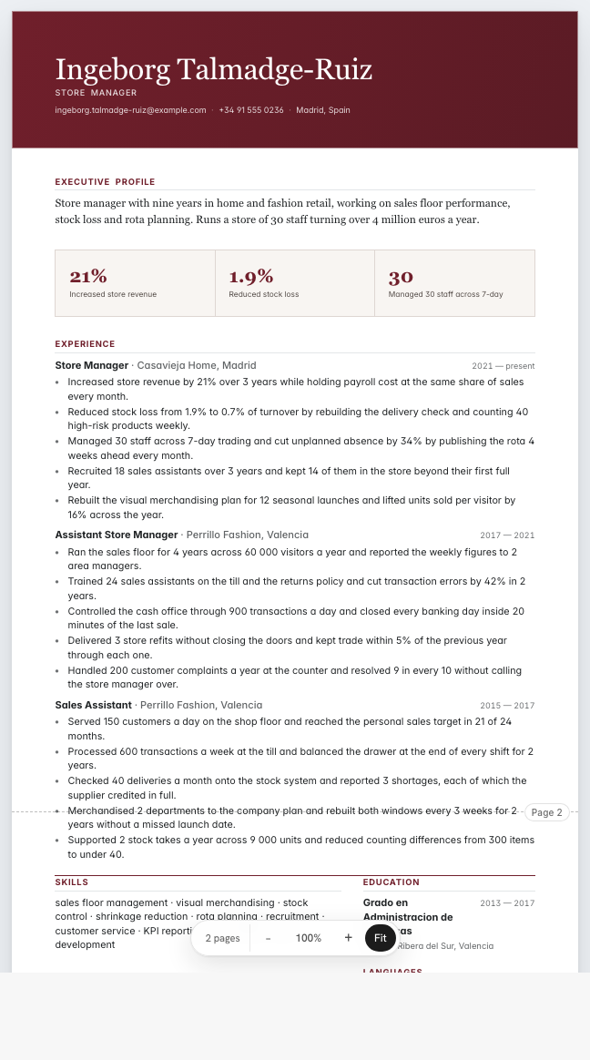 The retail manager example résumé drawn as a complete page in the Imprint design: name, summary, three dated roles with five achievement lines each, education, skills and languages