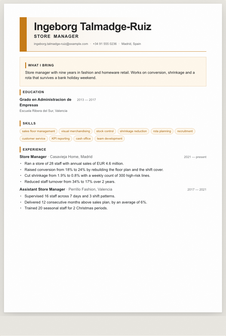 The retail manager example résumé drawn as a complete page in the Launch design: name, summary, the roles with their bullet lines, education and a skills row