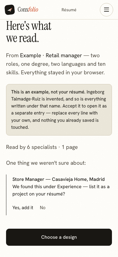The same import review on a 390 pixel phone screen, with the example notice above the accept button