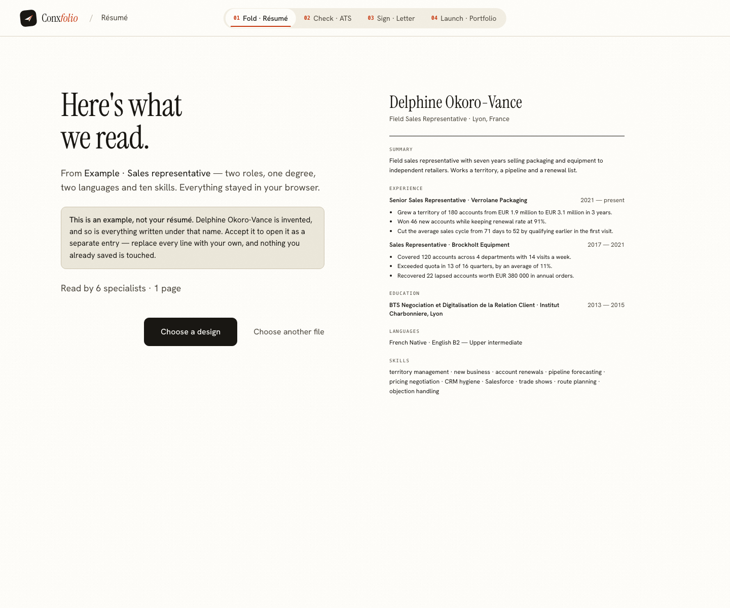 The Conxfolio import review after the door opened, showing Delphine Okoro-Vance's example read into fields beside the rendered page, with the line saying it is an example