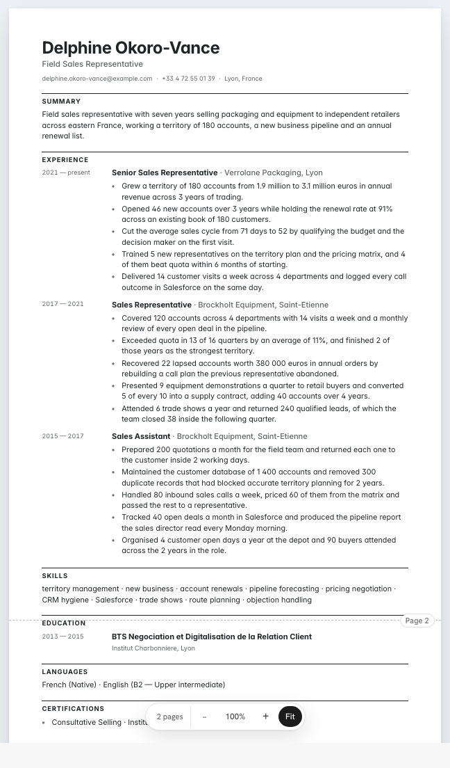 The sales representative example résumé drawn as a complete page in the Ledger design: name, summary, three dated roles with five bullet lines each, education and a skills row