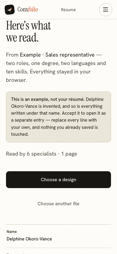 The same import review on a 390 pixel phone screen, with the example notice above the accept button