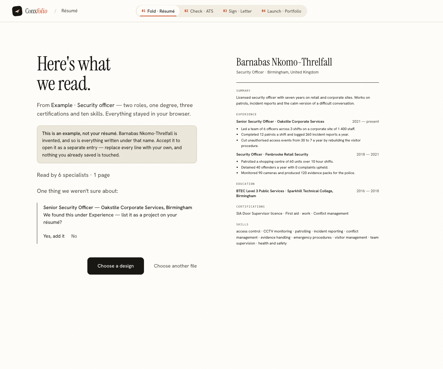 The Conxfolio import review after the door opened, showing Barnabas Nkomo-Threlfall's example read into fields beside the rendered page, with the line saying it is an example