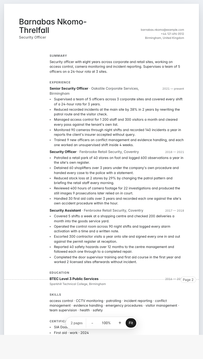 The security officer example résumé drawn as a complete page in the Minimal design: name, summary, three dated roles with five achievement lines each, education, skills and three certifications