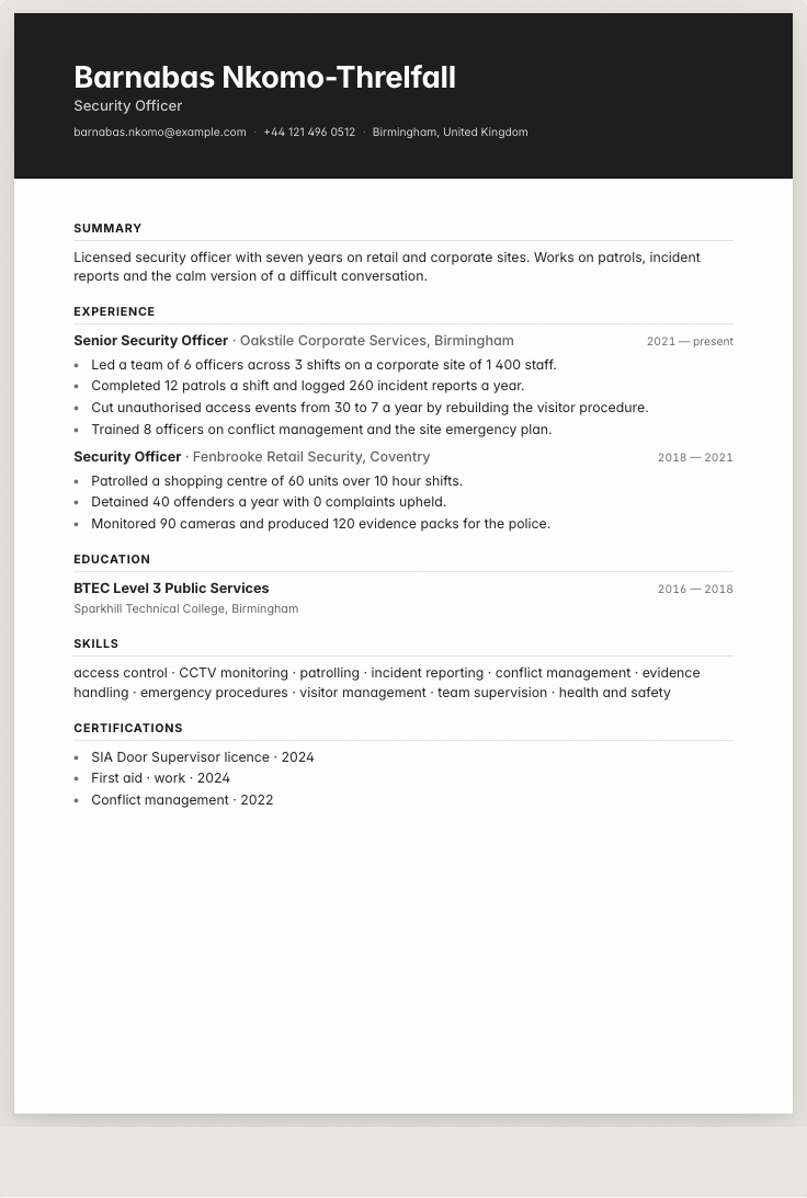 The security officer example résumé drawn as a complete page in the Onyx design: name, summary, the roles with their bullet lines, education and a skills row