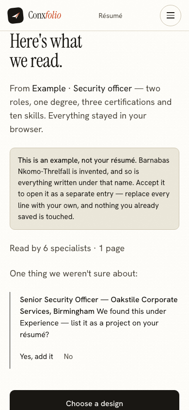 The same import review on a 390 pixel phone screen, with the example notice above the accept button