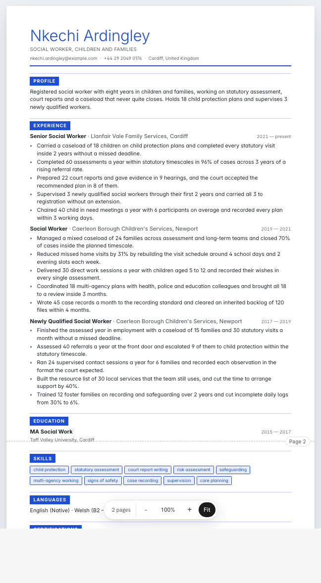 The social worker example résumé drawn as a complete page in the Placard design: name, summary, three dated roles with five achievement lines under each, education and a skills row