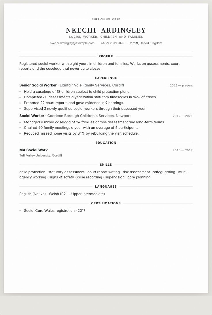 The social worker example résumé drawn as a complete page in the Letterhead design: name, summary, the roles with their bullet lines, education and a skills row
