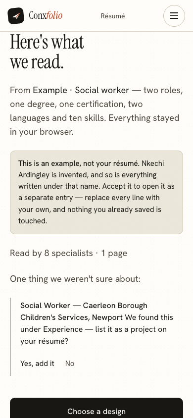 The same import review on a 390 pixel phone screen, with the example notice above the accept button
