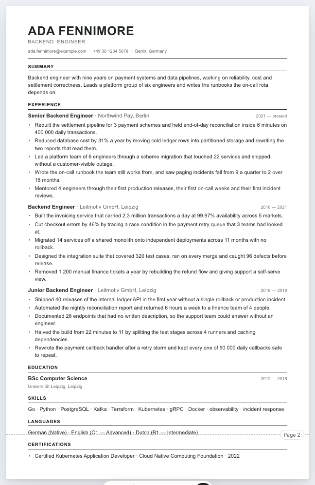 The example résumé drawn as a complete page in the Classic design: name, summary, two roles with bullet lines, one degree and a skills row