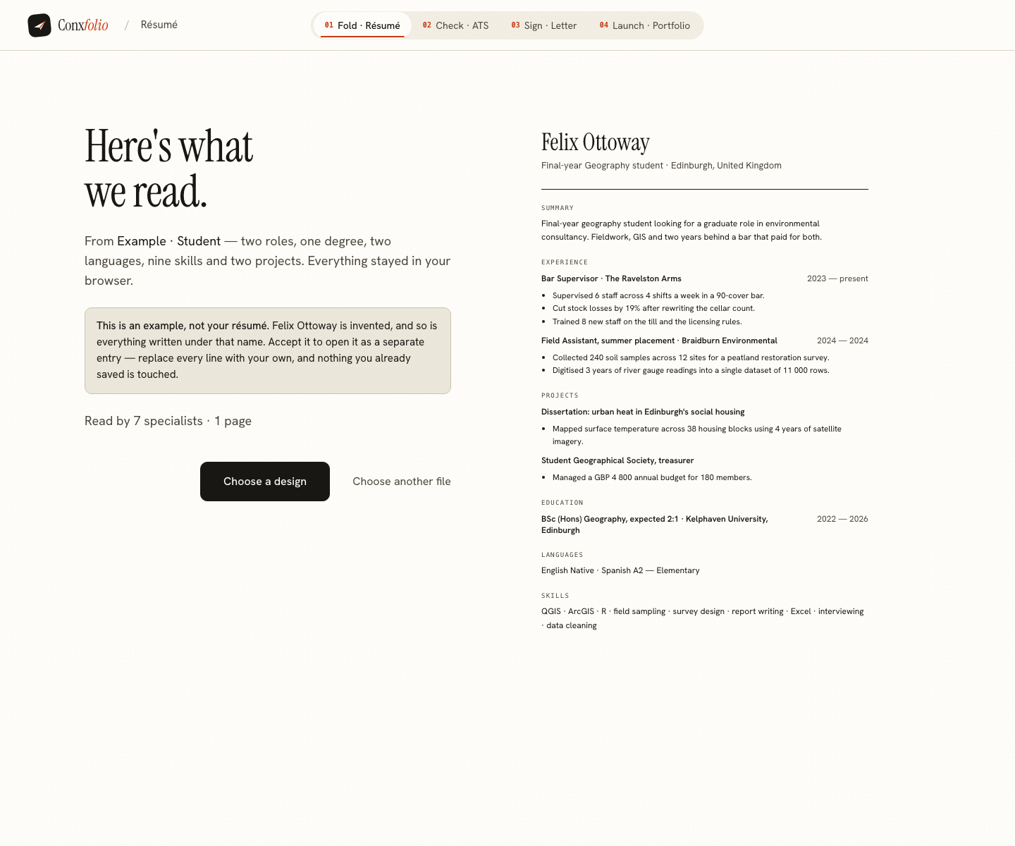 The Conxfolio import review after the door opened, showing Felix Ottoway's example read into fields beside the rendered page, with the line saying it is an example